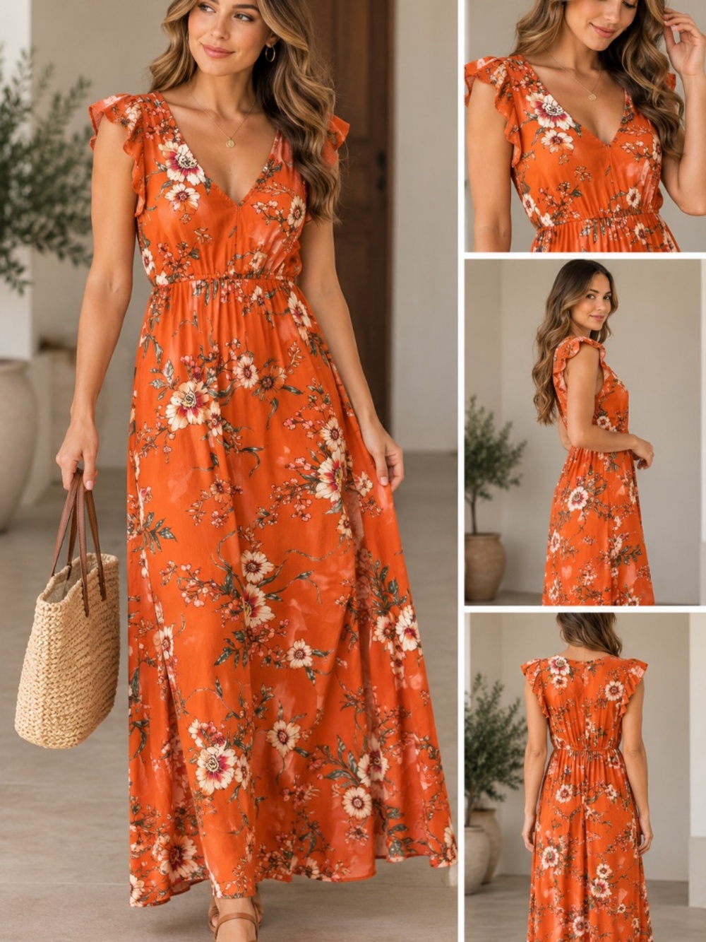 Rustic Orange floral long dress, size L